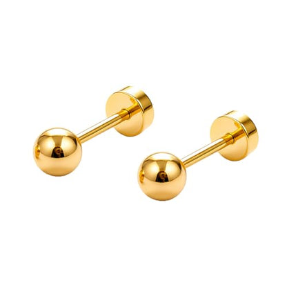 Stainless Steel Ball Bead Screw Back Flat Back Stud Earrings, 1 Pair 3 mm (0.12") Hypoallergenic Earrings for Sensitive Ears - color: Gold
