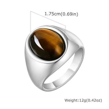HIJONES Unisex Stainless Steel Oval Agate Gemstone Inlaid Silver Plated Signet Ring Solid Glossy Wedding Band - color: Brown Stone