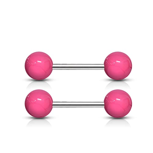Forbidden Body Jewelry 14 g 16 mm Stainless Steel Nipple or Tongue Ring Barbell Set with Acrylic Balls (Choose Color) - style: Pink