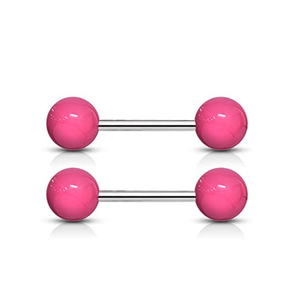 Forbidden Body Jewelry 14 g 16 mm Stainless Steel Nipple or Tongue Ring Barbell Set with Acrylic Balls (Choose Color) - style: Pink