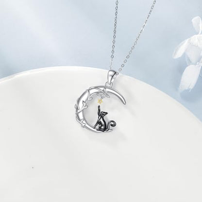 YAFEINI Moon Animal Necklace S925 Sterling Silver Owl/Fox/Red Panda/Possum/Snake/Dachshund Pendant Necklace Animal Jewelry Gifts for Women Mom Wife - style: Cat