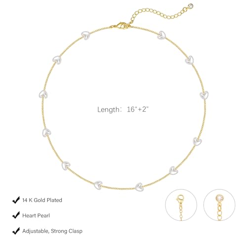 HERIER Cute Heart Necklace Dainty 18k Gold Plated Tiny Heart Pendant Choker Necklaces Small Gold Love Open Heart Chain Necklace for Women Simple Gold Necklace for Women Trendy Jewelry - color: Heart Pearl Necklace-Gold