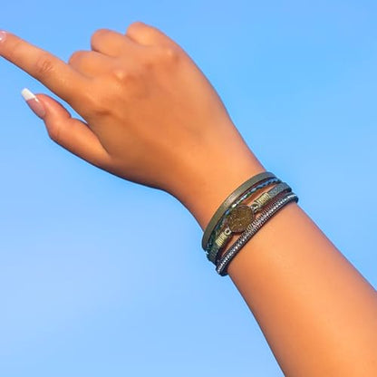 Boho Chunky Leather Wrap Bracelets Stackable Beaded Western Country Jewelry | Crystal Bead Trendy Layered Cuff Magnetic Clasp Stack Bohemian Statement Costume Outfits Cowgirl Fashion Hippie Accessories - color: Green, size: 7.7"