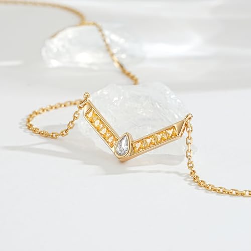 Fettero Dainty 14K Gold Plated Cubic Zirconia Necklaces for Women, Simple Bar Pendant Necklace, Mix-color Rainbow Jewelry Gold Necklace for Women Trendy Gifts - style: V Bar