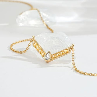 Fettero Dainty 14K Gold Plated Cubic Zirconia Necklaces for Women, Simple Bar Pendant Necklace, Mix-color Rainbow Jewelry Gold Necklace for Women Trendy Gifts - style: V Bar