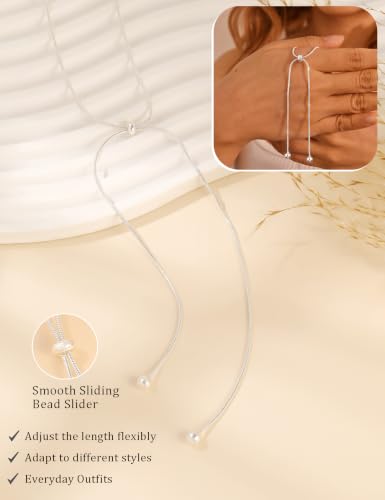 Lariat Gold Silver Necklace for Women Long Dainty Y Necklace 14k Gold Plated Drop Chunky Necklace Trendy Clover Heart Cross Teardrop Cz Pendant Statement Simple Adjustable Jewelry Gift - color: Silver- Beads