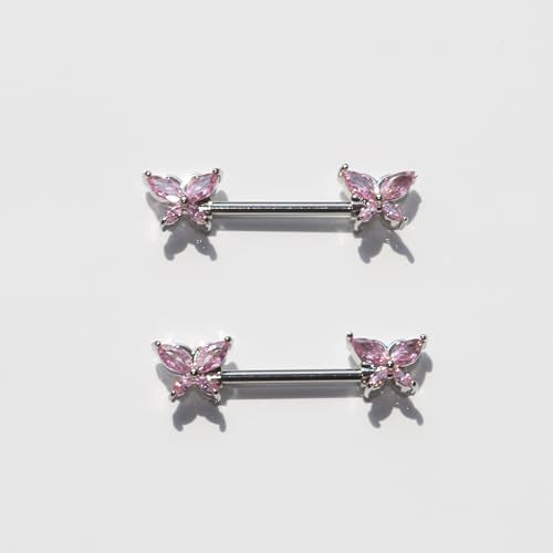 BSJ4U Nipple Piercing Jewelry 14G Stainless Steel Nipple Rings for Women Heart Butterfly Flower Bow Nipple Barbells - color: Pink CZ Nipple Piercing Jewelry