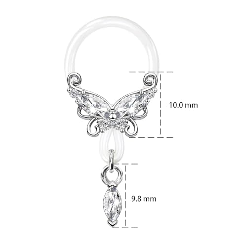 2 Pcs Butterfly Fake Nipple Rings for Women, CZ Nipple Noose Nipple Jewelry Non Piercing Dangle Nipple Ring, Non Pierced Nipple Body Jewelry - color: silver
