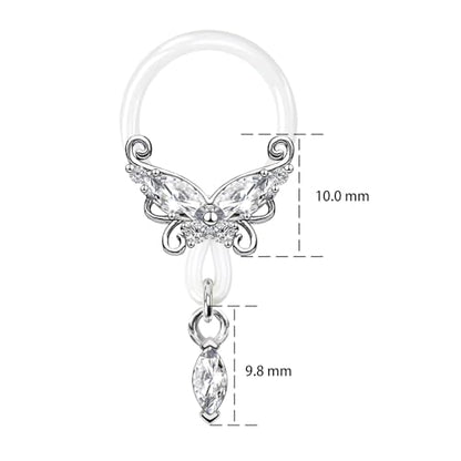 2 Pcs Butterfly Fake Nipple Rings for Women, CZ Nipple Noose Nipple Jewelry Non Piercing Dangle Nipple Ring, Non Pierced Nipple Body Jewelry - color: silver