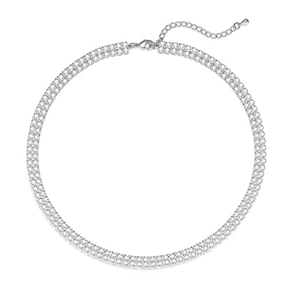 Luxval Tennis Necklace 14K Gold Plated Rhinestone Butterfly Choker Necklaces for women Dainty Zirconia Cut Faux Diamond chain 3mm - color: Silver-2 row tennis