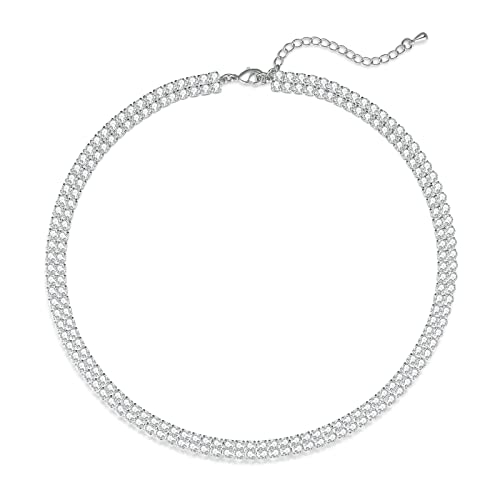 Luxval Tennis Necklace 14K Gold Plated Rhinestone Butterfly Choker Necklaces for women Dainty Zirconia Cut Faux Diamond chain 3mm - color: Silver-2 row tennis