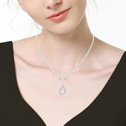 CIEHER Silver 2/3 Pieces Women Jewelry Set - Drop Necklace + Crystal Teardrop Dangle Earring Clips, Crystal Clip On Earrings Silver Non Pierced - style: Formal