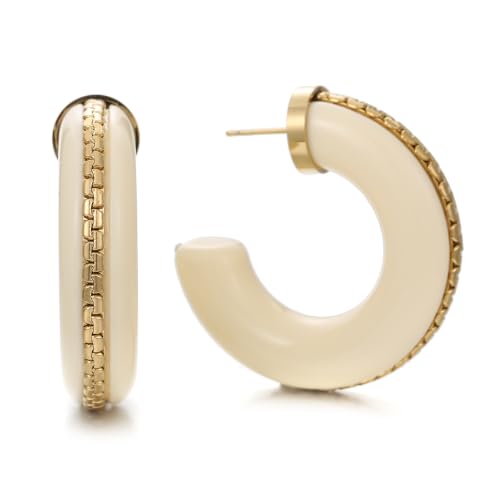 Gold Plated Resin Chunky Hoop Earrings Hypoallergenic Push Back Hoops for Sensitive Ears - color: Creamy