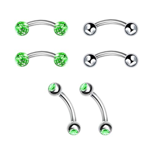 6pc 16G 6/8/10mm Bar Surgical Steel Curved Barbell Coated Crystal Eyebrow Ring Ear Body Piercing Jewelry Set - color: green