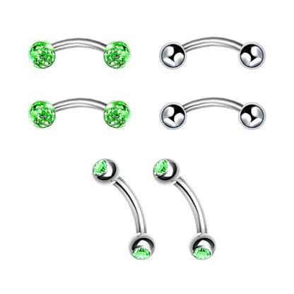 6pc 16G 6/8/10mm Bar Surgical Steel Curved Barbell Coated Crystal Eyebrow Ring Ear Body Piercing Jewelry Set - color: green