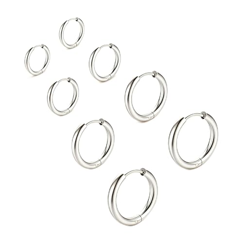 4 Pairs Small Gold Silver Huggie Hoop Earrings for Women Surgical Steel Set | 14K Gold Plated 316L Stainless Steel, 6/8/10/12 mm, Hypoallergenic, Lightweight, Mini Jewelry - color: Silver/4 Pairs