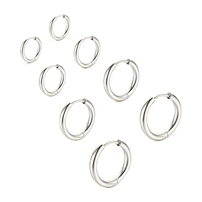4 Pairs Small Gold Silver Huggie Hoop Earrings for Women Surgical Steel Set | 14K Gold Plated 316L Stainless Steel, 6/8/10/12 mm, Hypoallergenic, Lightweight, Mini Jewelry - color: Silver/4 Pairs