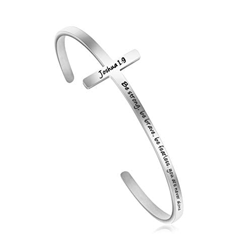 𝐂𝐫𝐨𝐬𝐬 𝐁𝐫𝐚𝐜𝐞𝐥𝐞𝐭 Religious Cuff Bangle 𝐁𝐢𝐛𝐥𝐞 𝐕𝐞𝐫𝐬𝐞 Christian Gifts Jewelry for 𝐖𝐨𝐦𝐞𝐧 - style: Silver cuff-Be strong ,Be brave ,Be fearless.you are never alone -Joshua 1:9