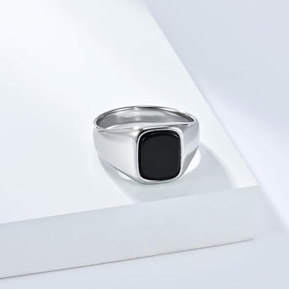 PAMTIER Men's Stainless Steel Gemstone Polished Signet Rings Classic Minimalist Square Cabochon Statement Band Jewelry Gift - color: Silver Black