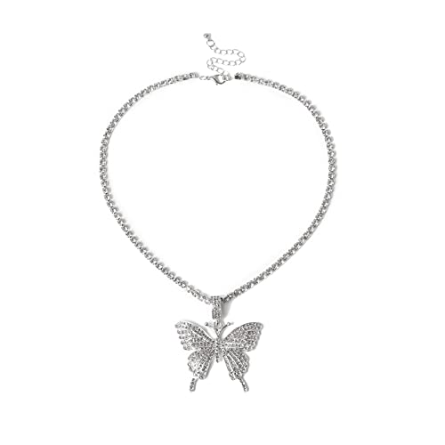 2Pcs Layered Hip Hop Shiny Rhinestone Bead Chunky Chain Butterfly Pendant Necklace Punk Crystal Cuban Link Chain Choker Collar Necklace for Women Party Birthday BarJewelry Gift - color: B silver pendant