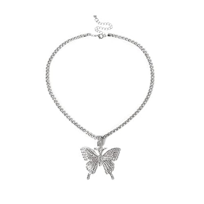2Pcs Layered Hip Hop Shiny Rhinestone Bead Chunky Chain Butterfly Pendant Necklace Punk Crystal Cuban Link Chain Choker Collar Necklace for Women Party Birthday BarJewelry Gift - color: B silver pendant