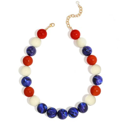 Chunky Beaded Choker Necklace for Women Boho Statement Necklace with Large Pearl Blue Brown Tone Resin Beads Summer Beach Jewelry Gifts - color: Red White Navy