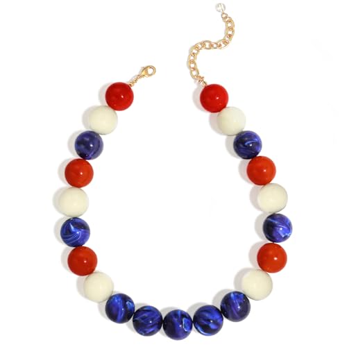 Chunky Beaded Choker Necklace for Women Boho Statement Necklace with Large Pearl Blue Brown Tone Resin Beads Summer Beach Jewelry Gifts - color: Red White Navy