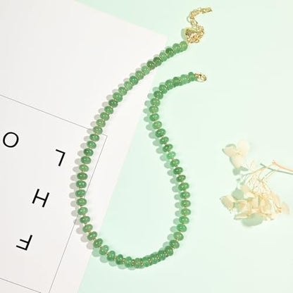 Boho Gemstone Beaded Necklace for Women – Colorful Natural Stone Choker 18K Solid Heart-Shaped Pendant, Summer Beach Jewelry - color: Green Aventurine