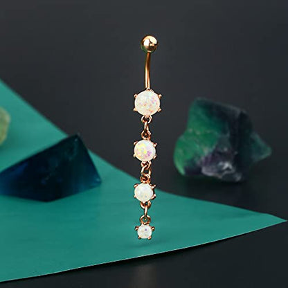 Cute Dangly Opal Belly Button Rings 14g 316L Stainless Steel Dangle Navel Rings for Women Belly Button Piercing Dangling Navel Bar - color: Rose Gold-Opal