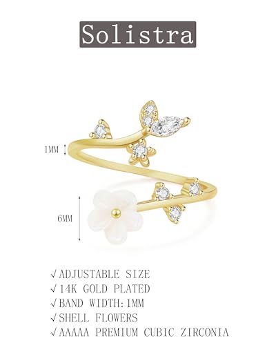 Rings for Women Non Tarnish, 14K Gold Plated Open Pearl Flower Band Adjustable Cubic Zirconia Rings for Women - color: silver