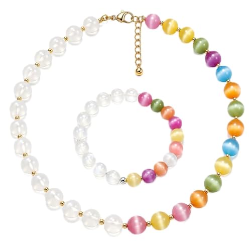 Dopamine Necklace UV Reactive Colorful Rainbow Beaded Necklace Dopamine Jewelry Set Color Changing Mood Necklaces Bracelet Earrings Summer Beach Vacation Gift for Women - color: A5：gold set