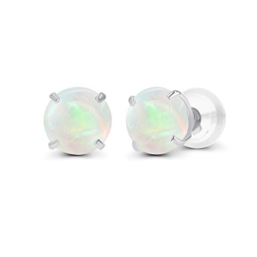 Solid 14K Yellow, White or Rose Gold 4mm Round Genuine Gemstone Birthstone Prong Set Stud Earrings For Women - color: Opal Genuine