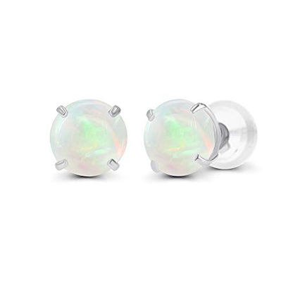 Solid 14K Yellow, White or Rose Gold 4mm Round Genuine Gemstone Birthstone Prong Set Stud Earrings For Women - color: Opal Genuine