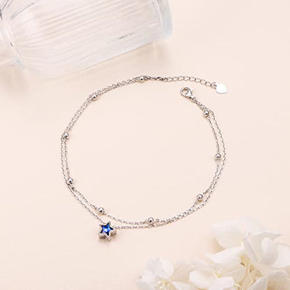 DAOCHONG Double Foot Chain Layer Ankle Bracelets for Women S925 Sterling Silver 3 Blue Stars Beads Chain Double Layer Anklet Beach Jewelry Anklet 9+1.5 inches - style: 01_One Star
