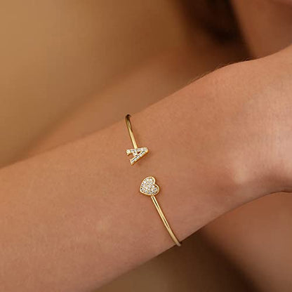Gold Bracelets for Women Teen Girls, 14K Gold Plated Initial Heart Bangle | Adjustable Open Cuff Bracelet, Dainty Letter Jewelry, Daughter Sister Bridesmaid Friend, Birthday Christmas Graduation Gift - color: G