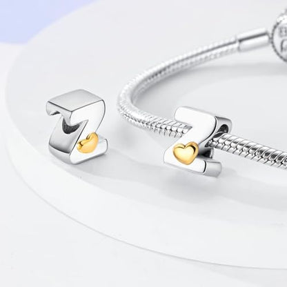 Two-Tone Gold Heart S925 Silver Letter Charm Fits Pandora Bracelet Necklace | Initial Bead Two-Tone Gold Heart, DIY European Bracelet Accessory, Gift for Ladies Birthday Anniversary Valentine - style: Z