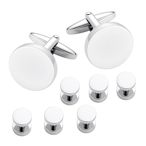 Mens Cufflinks and Tuxedo Shirt Studs Set with Gift Box - color: Silver
