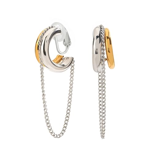 Gold Silver Trendy Clip On Dangle Earrings for Women | Clip On Drop Earrings, Tassel Chain Hoop Earrings, Non Piercing, Fashion Jewelry Gifts - color: A Clip-Two Tone
