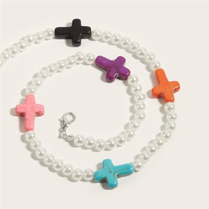 Small Dainty Cross Necklace Pendant Bohemian Turquoise Seed Bead Beaded Necklace Choker for Women Men Faith Jewelry Gift - color: 07 Pearl