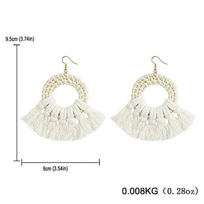 Bohemia Tassel Earrings Statement Handmade Dangle Ethnic Fringe Earrings Bamboo Weaving Geometric Square Sector Gifts for Women - color: round white
