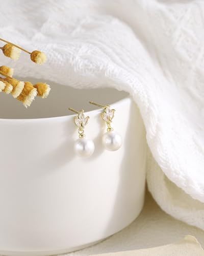 Pearl Earrings for Women, 14k Gold Plated Trendy Diamond Pearl Drop Earrings Bridal Shower Gifts Wedding jewelry for Women - color: Style G Gold