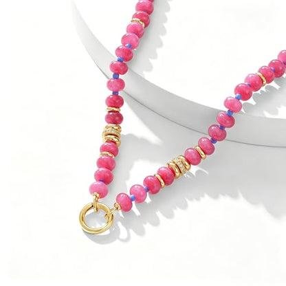 Beaded Necklaces for Women Boho Colorful Bead Choker Necklace Natural Gemstone Handmade Summer Beach Layering Necklace Jewelry Gift for Women - color: Rose Pink