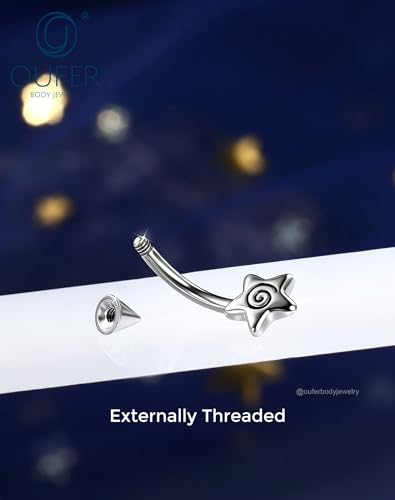 OUFER 16G Spiral Star Rook Piercing Jewelry Spike Curved Barbell Eyebrow Earrings 316L Surgical Stainless Steel 8mm Lip Tragus Helix Piercing Jewelry for Women Men