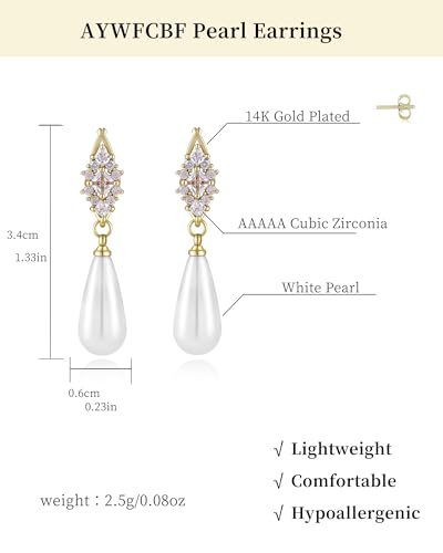 Pearl Earrings for Women, 14k Gold Plated Trendy Diamond Pearl Drop Earrings Bridal Shower Gifts Wedding jewelry for Women - color: Style I Gold