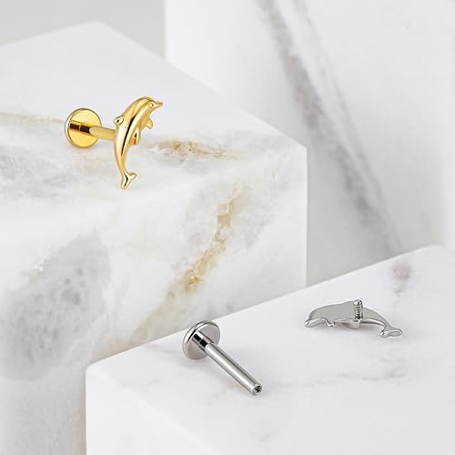 FINE4U 1PC 16G ASTM F136 Titanium Octopuses Piercings Jewelry with 6mm 8mm Post for Conch Helix Flat Labret 16G 6mm 8mm - color: Dolphins - Gold