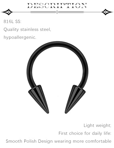 6Pcs Septum Rings 16G Surgical Steel Snake Bite Jewelry Long Spike Horseshoe Lip Rings Smiley Piercing Jewelry for Women Men 8mm 10mm - color: 16g,Diameter:10mm,black
