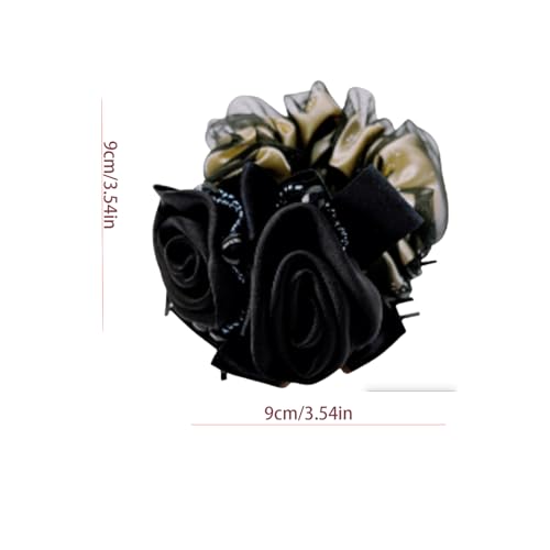 Satin Hair Scrunchie with Rose Flower, Brown and Gold, Pearl Beads, Ribbon Bow, Hair Tie Accessory, 9cm (black) - color: black