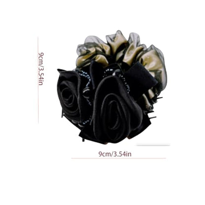 Satin Hair Scrunchie with Rose Flower, Brown and Gold, Pearl Beads, Ribbon Bow, Hair Tie Accessory, 9cm (black) - color: black