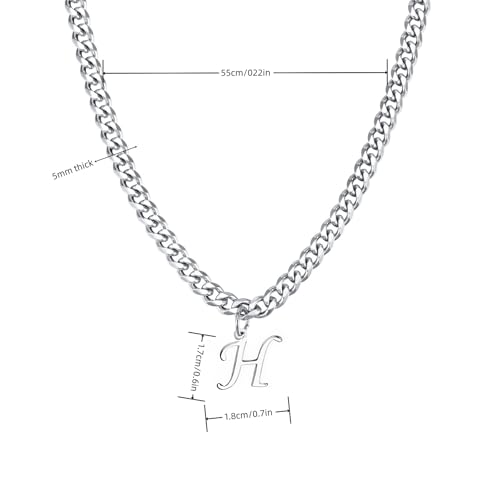 Stainless Steel Initial A-Z Necklace for Men Women,Cuban Chain,Titanium Steel Initial Letter Pendant Charm Necklaces Accessories Jewelry for Woman Man,21 Inch Chain - color: H