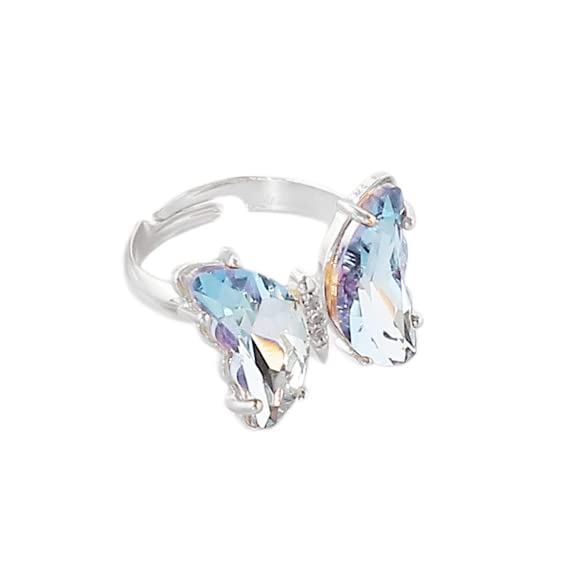 8 Pcs Gold Plated 3D Butterfly Rings Acrylic Adjustable Open Colorful Crystal Bowknot Shaped Band Rings for Women Girls Finger Jewelry - color: mix silver